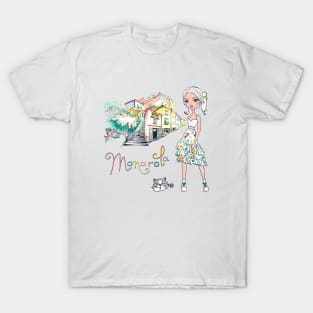 Fashionable girl and cute cat in Manarola T-Shirt